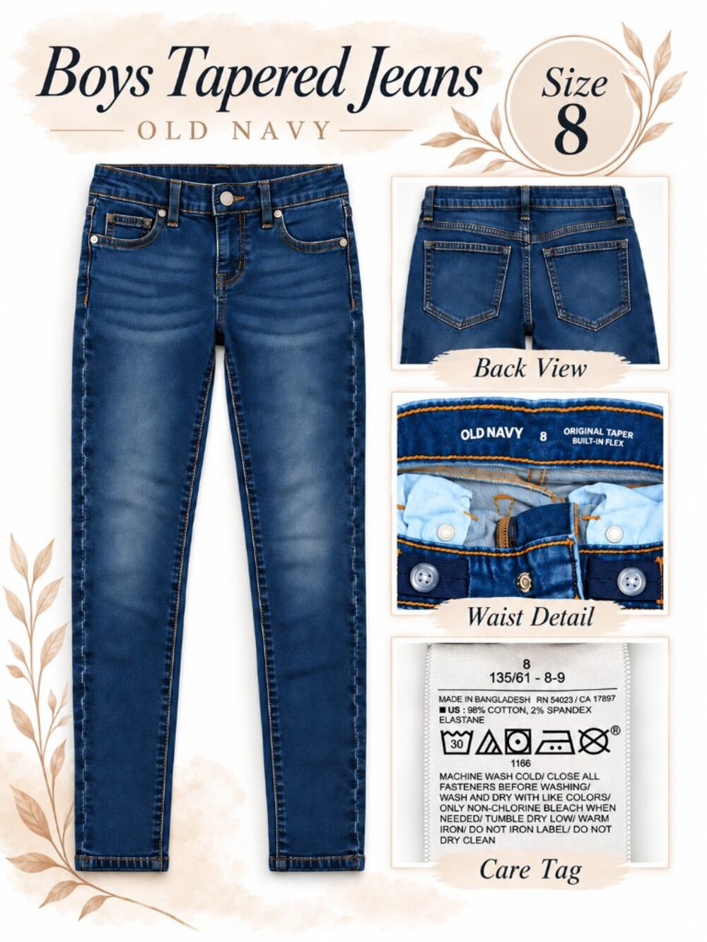 Old Navy Kids Original Taper Built-In Flex Jeans Size 8 Dark Wash